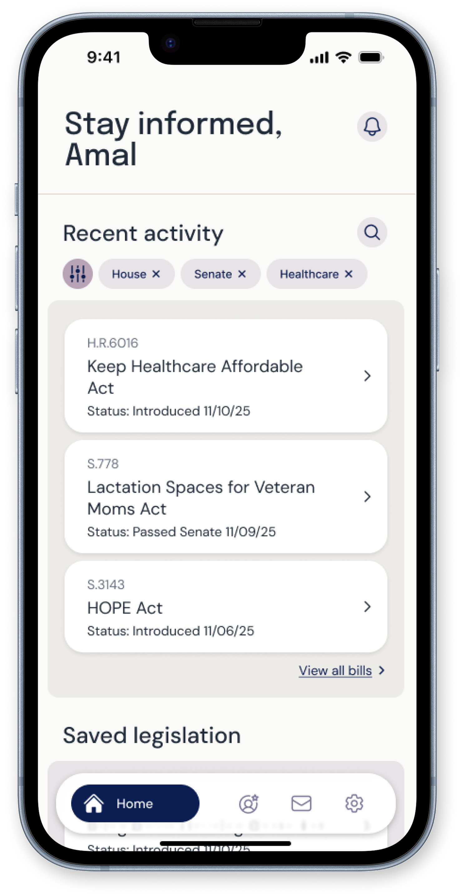 Constituent app home screen