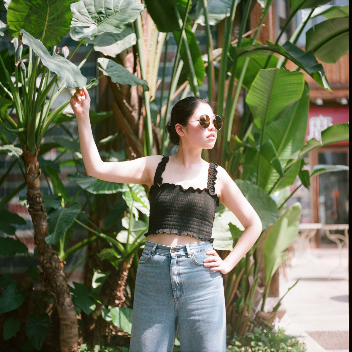 Jenny reaching up into a banana leaf plant