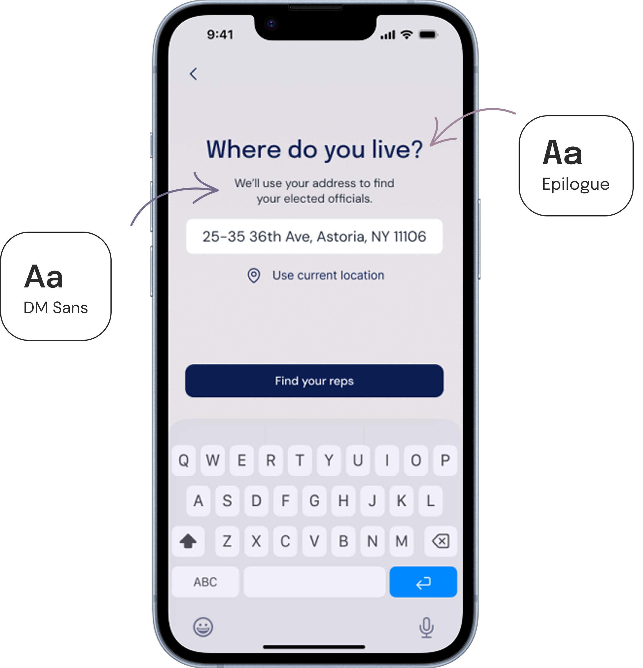 Typography styles showing DM Sans and Epilogue used in the Constituent app